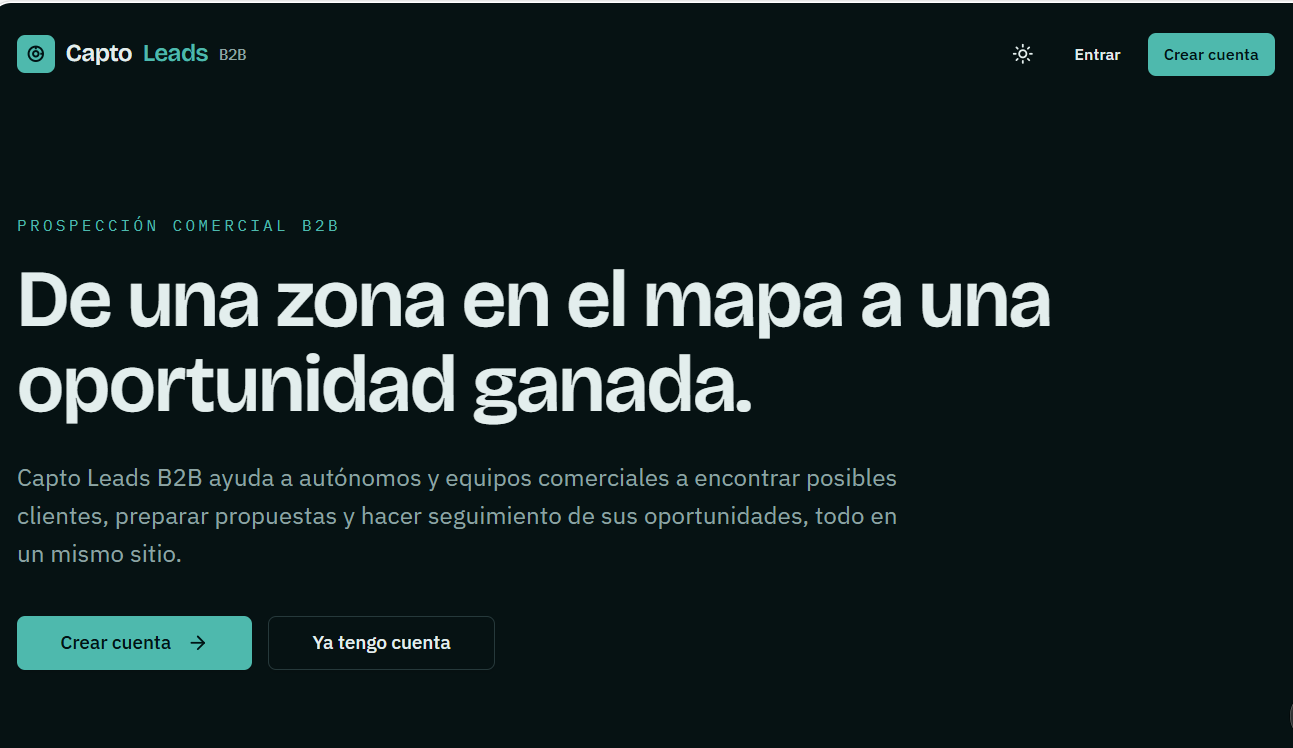 Portada de l'app Capto Leads B2B: «De una zona en el mapa a una oportunidad ganada.»